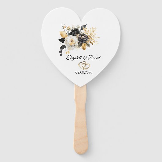 Goud Zwart Witte Bloemen Bruiloft  Handwaaier (Achterkant)