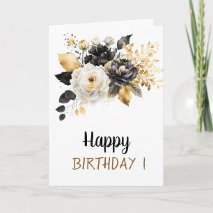 Goud Zwart Witte Bloemen Verjaardag Kaart