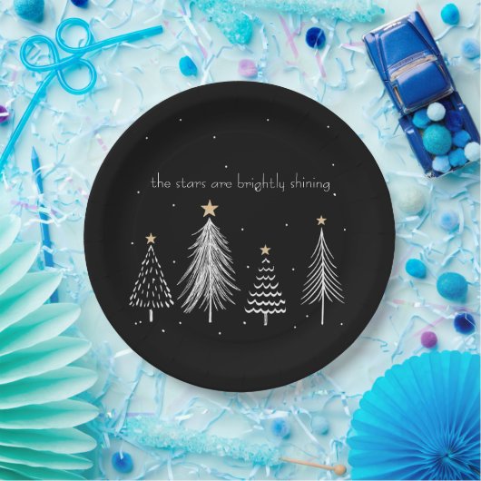 Goud, zwart, witte, moderne kerstboomsterren papieren bordje (Feest)