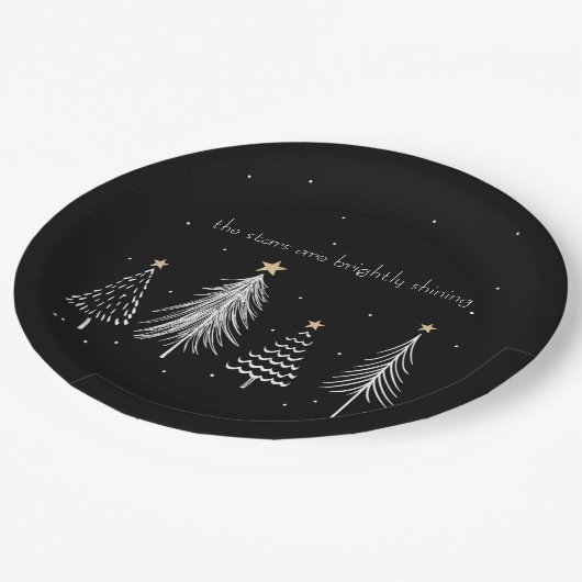 Goud, zwart, witte, moderne kerstboomsterren papieren bordje (Gekanteld)