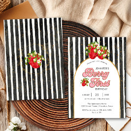 Goud Zwart Witte Strepen 1e Verjaardag Aardbei Kaart