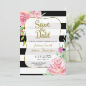 Goud, Zwart & Witte Strepen Bloemige Save the Date (Staand voorkant)