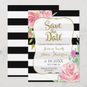 Goud, Zwart & Witte Strepen Bloemige Save the Date (Voorkant / Achterkant)