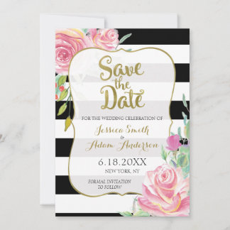 Goud, Zwart & Witte Strepen Bloemige Save the Date