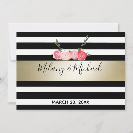 Goud zwart/witte strepen rozen bruiloft RSPV Kaart (Achterkant)