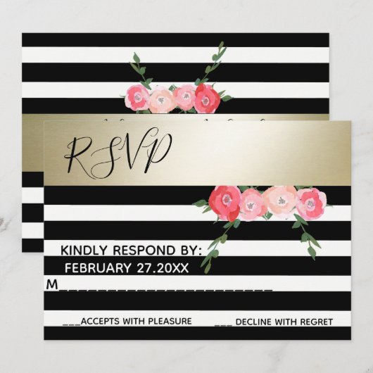Goud zwart/witte strepen rozen bruiloft RSPV Kaart (Voorkant / Achterkant)