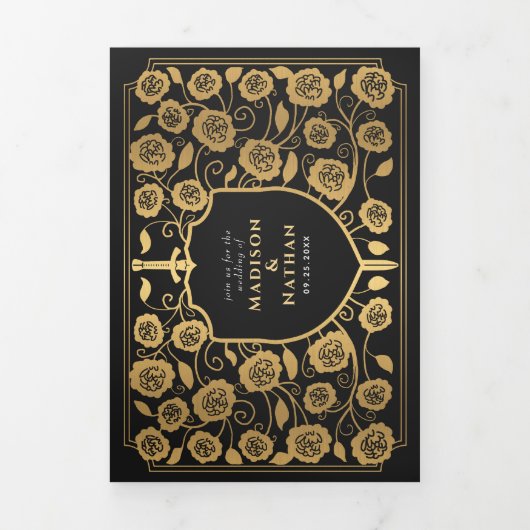 Goud Zwart Zwaard Schild Middeleeuwse Fantasy Wedd Drieluik Uitnodiging (Cover)