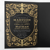 Goud Zwart Zwaard Schild Middeleeuwse Fantasy Wedd Drieluik Uitnodiging (Binnenzijde eerst)