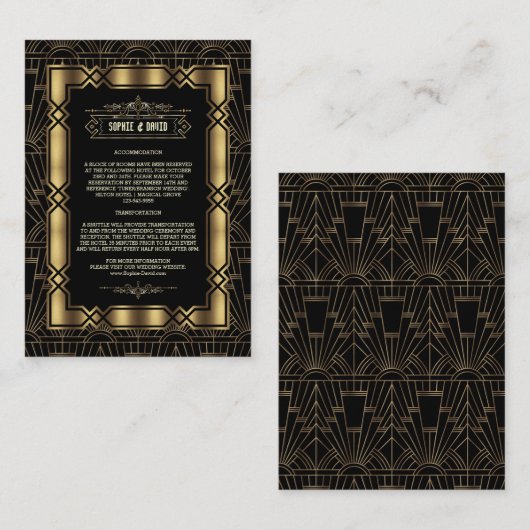 Goud Zwarte Art Deco Gatsby Bruiloft Details uit d Informatiekaartje (Voorkant / Achterkant)
