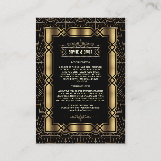 Goud Zwarte Art Deco Gatsby Bruiloft Details uit d Informatiekaartje (Voorkant)