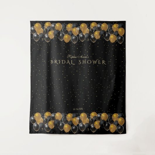 Goud Zwarte Ballonnen Bruidsfeest Fotohokje Wandkleed (Voorkant)