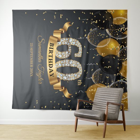 Goud zwarte ballonnen diamanten 60e verjaardag wandkleed (In Situ (horizontaal))