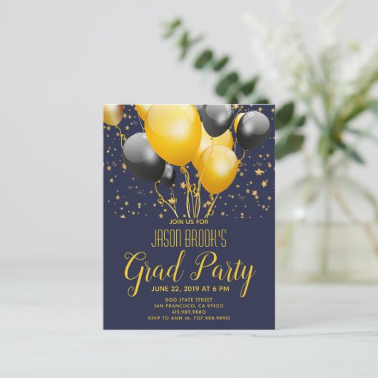 Goud zwarte ballonnen van de GraduPartij op zwart Aankondigingskaart (Staand voorkant)