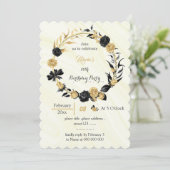 Goud & Zwarte Bloemen Krans Verjaardag Kaart (Staand voorkant)