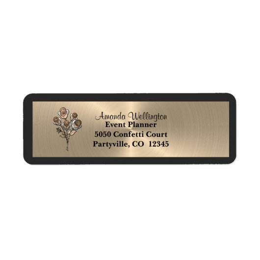 Goud & Zwarte Bloemrozen Retouradreslabel Etiket (Voorkant)
