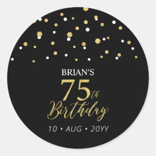 Goud & Zwarte Confetti 75e Verjaardag Party Favor Ronde Sticker