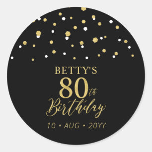 Goud & Zwarte Confetti 80ste Verjaardag Party Favo Ronde Sticker