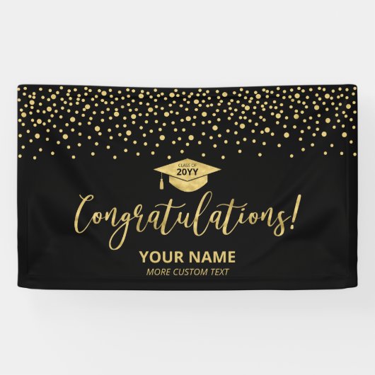 Goud & Zwarte Confetti Felicitaties Afstuderen Spandoek (Horizontaal)