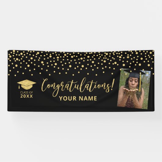Goud & Zwarte Confetti Felicitaties Afstuderen Spandoek (Horizontaal)