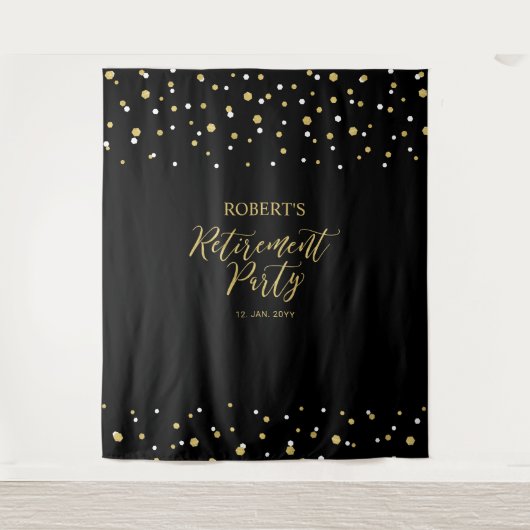 Goud & Zwarte Confetti Pensioenfeest Backdrop Wandkleed (Voorkant)