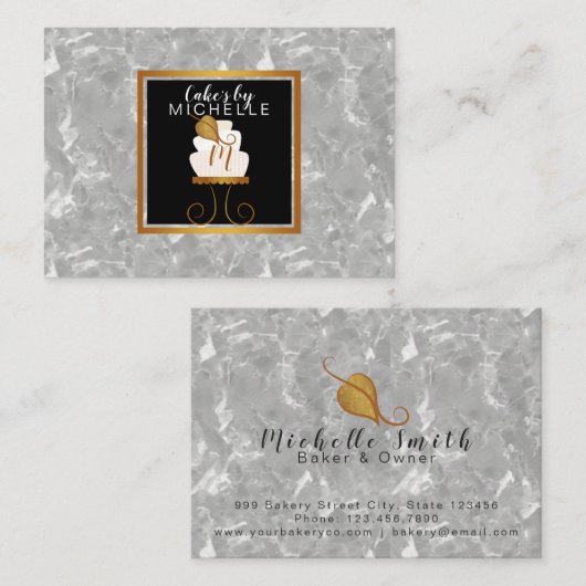 Goud/zwarte elegant visitekaartje van witte cake (Voorkant / Achterkant)