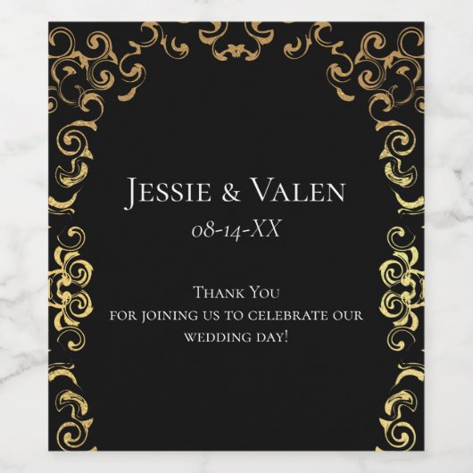 Goud Zwarte Elegante Draai Gothisch Huwelijk Wijn Etiket (Enkel label)