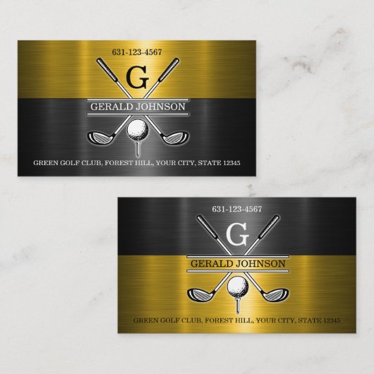 Goud-Zwarte Elegante Golf Monogram Zakelijke Visit Visitekaartje (Voorkant / Achterkant)
