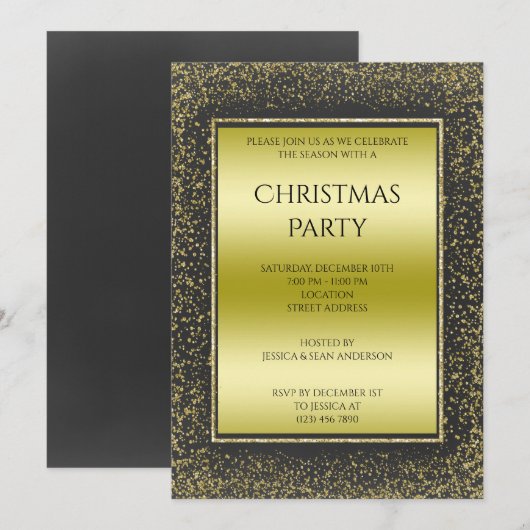 Goud & Zwarte Glitter Omrande Kerstfeest Kaart (Voorkant / Achterkant)