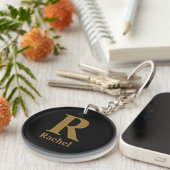 Goud/Zwarte M±oderne Minimaal Monogram Naam  Sleutelhanger (Voorkant Rechts)