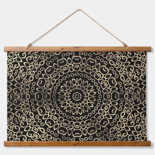 Goud Zwarte Mandala Chic Trippy Psychedelische Hip Hangend Wandkleed (Voorkant)