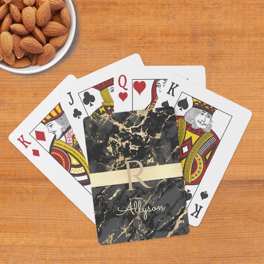 Goud & Zwarte Marmer, Script Naam & Monogram Pokerkaarten