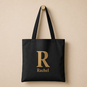 Goud/ Zwarte Moderne Minimale Monogram Naam Tote Bag