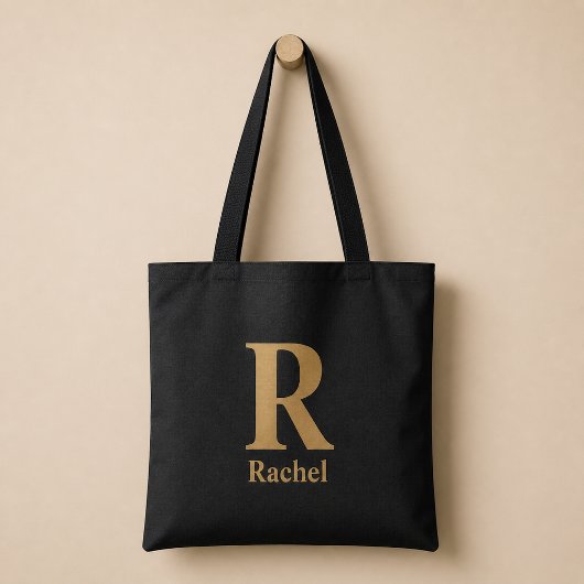 Goud/ Zwarte Moderne Minimale Monogram Naam Tote Bag