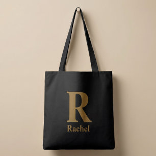 Goud/Zwarte Moderne Minimale Monogram Naam Tote Bag