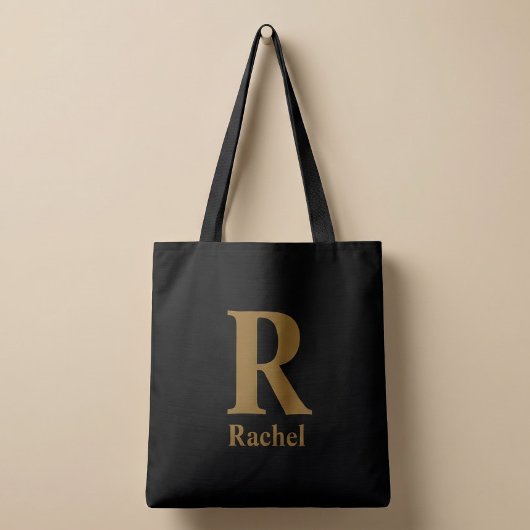 Goud/Zwarte Moderne Minimale Monogram Naam Tote Bag
