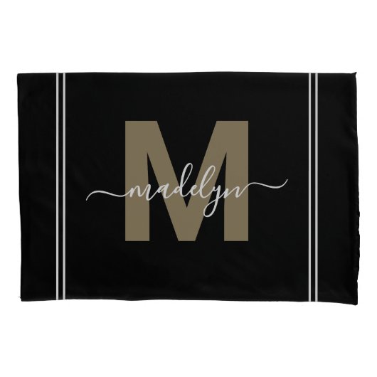 Goud Zwarte Script Naam Monogram Kussensloop (Voorkant-Links)
