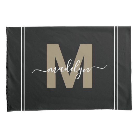 Goud Zwarte Script Naam Monogram Kussensloop (Voorkant-Rechts)