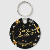 Goud Zwarte Sterren Prettig Kerstfeest Sleutelhanger (Voorkant)