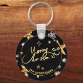 Goud Zwarte Sterren Prettig Kerstfeest Sleutelhanger (Voorkant)