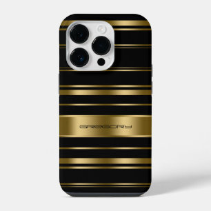 Goud & Zwarte Strepen Patroon met Initiaal iPhone 14 Plus Hoesje