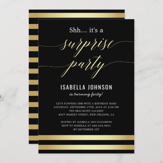 Goud & Zwarte Strepen Shh... Het is een verrassing Kaart (Voorkant / Achterkant)