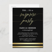 Goud & Zwarte Strepen Shh... Het is een verrassing Uitnodiging Briefkaart (Voorkant / Achterkant)