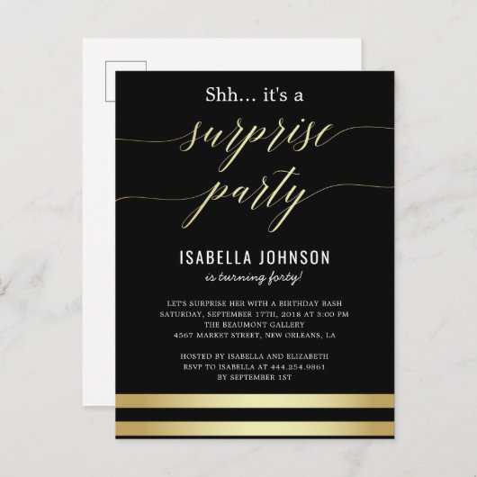 Goud & Zwarte Strepen Shh... Het is een verrassing Uitnodiging Briefkaart (Voorkant / Achterkant)
