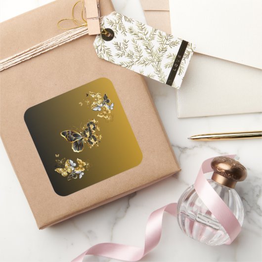 Goud & Zwarte Vlinderbloei Vierkante Sticker (Geschenken)