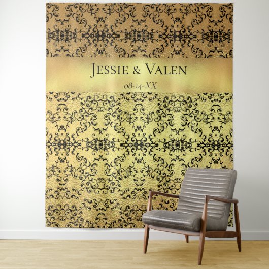 Goud & Zwarte Wervelende Gotische Bruiloft Wandkleed (In situ)