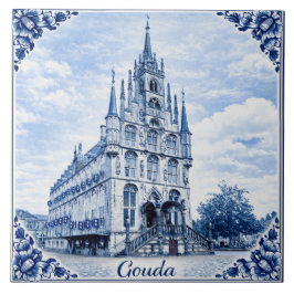 Gouda town hall Delft Blue style ceramic tile Tegeltje