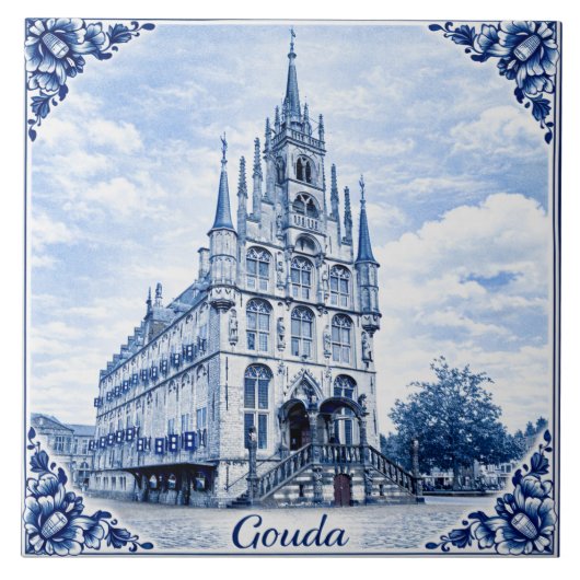 Gouda town hall Delft Blue style ceramic tile Tegeltje (Voorkant)