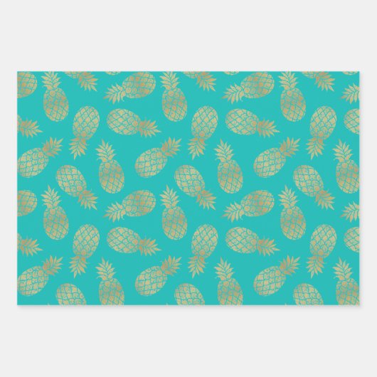Goudananassen op Turquoise Inpakpapier Vel (Voorkant 3)
