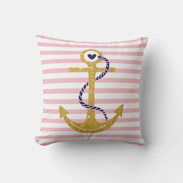 Goudanker wazig roze, witte strepen nautisch buitenkussen (Voorkant)