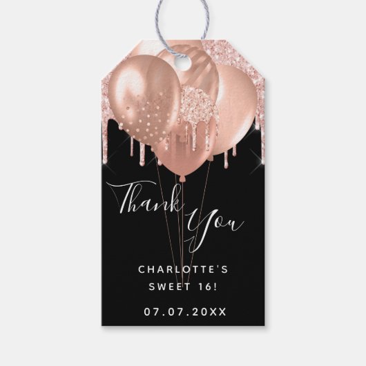 Goudballon van 16 zwarte rozen bedankt cadeaulabel (Voorkant)